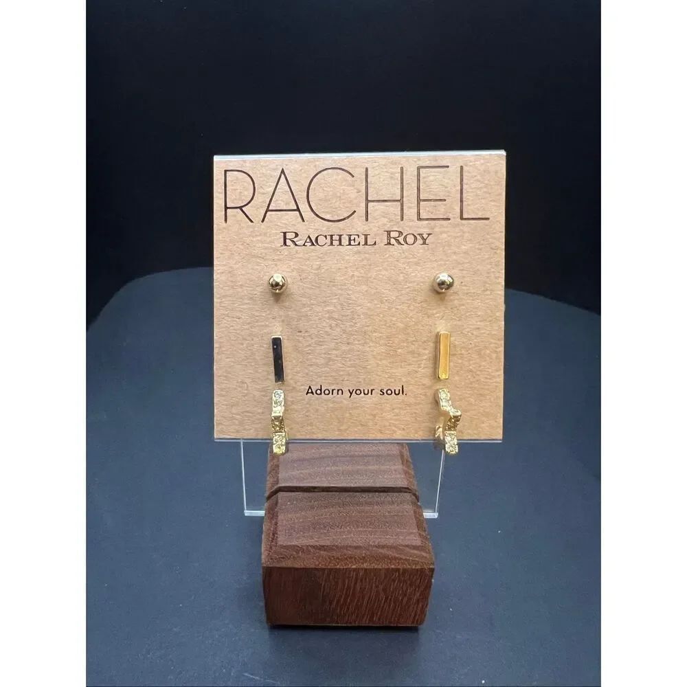 New RACHEL Rachel Roy Gold Tone Stud Bar Star Rhinestone 3 Piece Earring Set